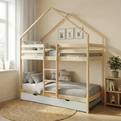 sweeek Letto a castello per bambini a forma di casa 190cm in pino naturale con cassetti