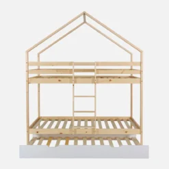 sweeek Letto a castello per bambini a forma di casa 190cm in pino naturale con cassetti