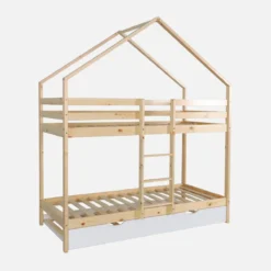 sweeek Letto a castello per bambini a forma di casa 190cm in pino naturale con cassetti