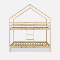 sweeek Letto a castello per bambini a forma di casa 190cm in pino naturale con cassetti