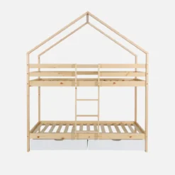 sweeek Letto a castello per bambini a forma di casa 190cm in pino naturale con cassetti
