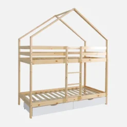 sweeek Letto a castello per bambini a forma di casa 190cm in pino naturale con cassetti