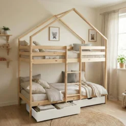 sweeek Letto a castello per bambini a forma di casa 190cm in pino naturale con cassetti