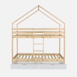 sweeek Letto a castello per bambini a forma di casa 190cm in pino naturale con cassetti