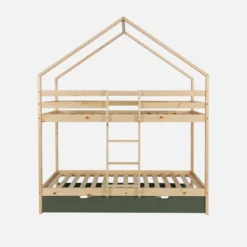 Letto a castello per bambini a forma di casa 190cm in pino naturale con cassetti