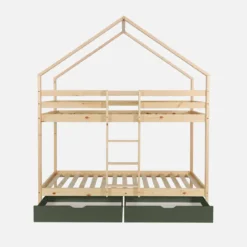 Letto a castello per bambini a forma di casa 190cm in pino naturale con cassetti
