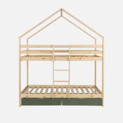 Letto a castello per bambini a forma di casa 190cm in pino naturale con cassetti