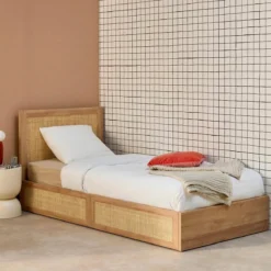 sweeek Letto bohemien con rete a doghe e testiera 90cm + 2 cassetti