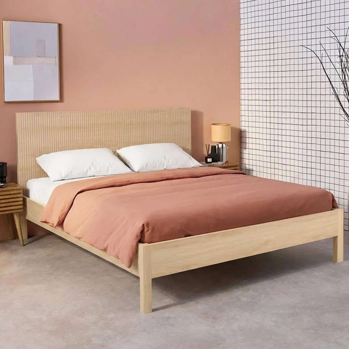 sweeek Letto con rete a doghe e testiera 160x200cm decorazione legno
