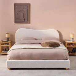 sweeek Letto con rete a doghe e testiera, bianco con finitura bouclé