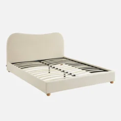 sweeek Letto con rete a doghe e testiera, bianco con finitura bouclé