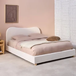 sweeek Letto con rete a doghe e testiera, bianco con finitura bouclé