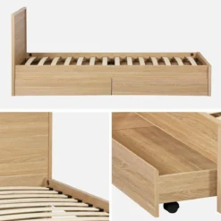 sweeek Letto con rete a doghe e testiera 90cm + 2 cassetti decorazione legno