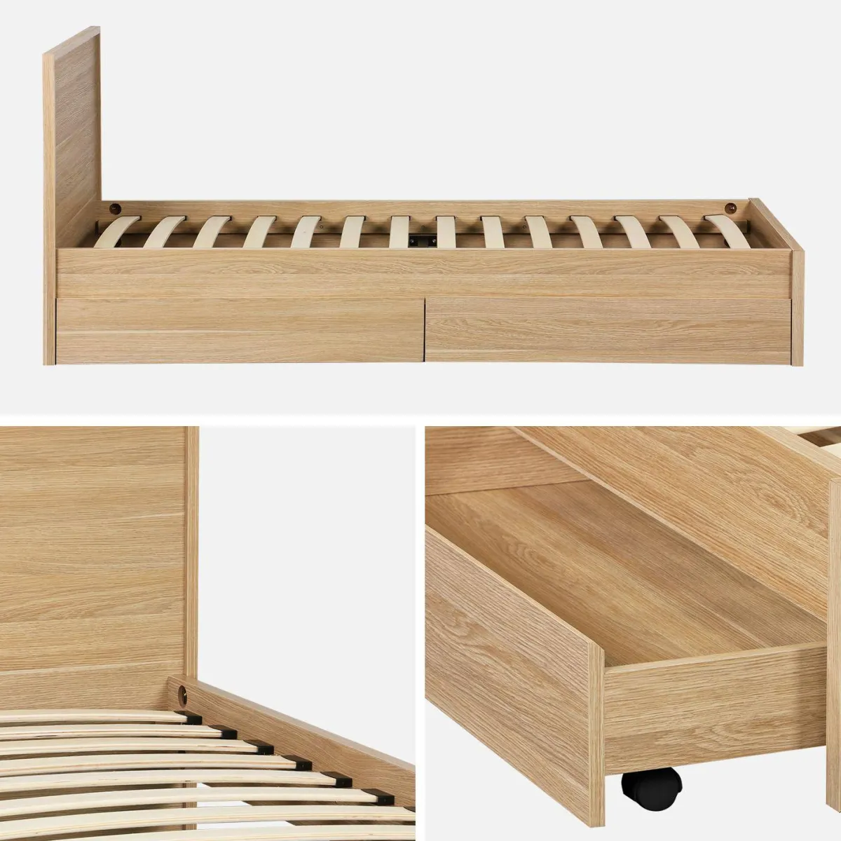 sweeek Letto con rete a doghe e testiera 90cm + 2 cassetti decorazione legno