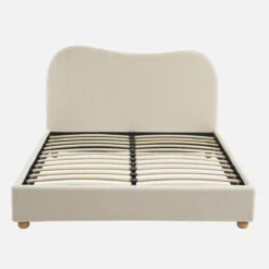 Letto con rete a doghe e testiera, bianco con finitura bouclé
