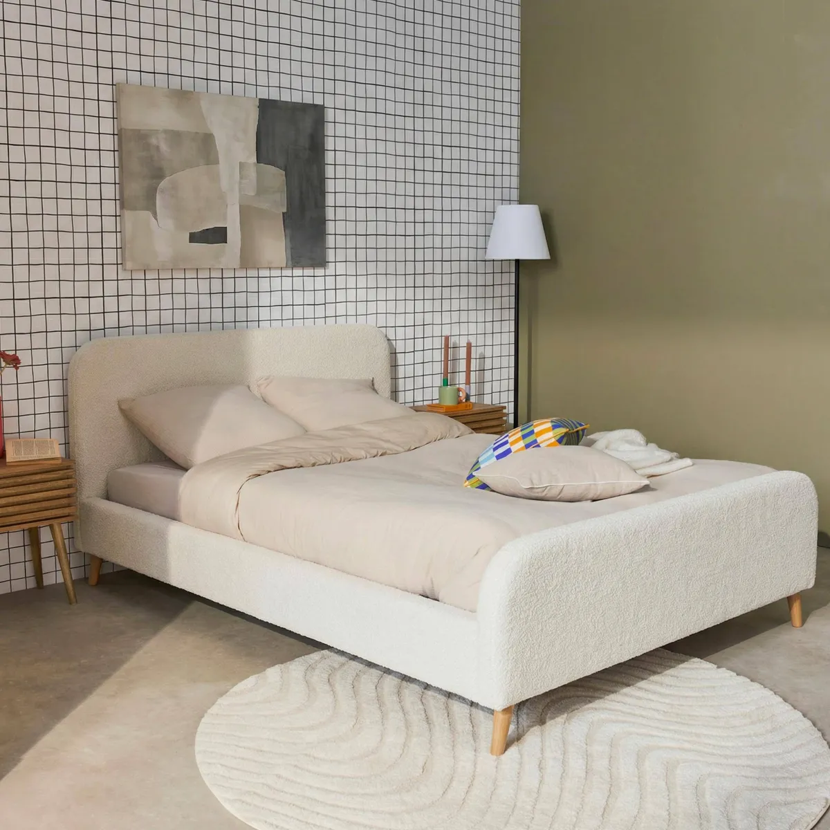 sweeek Letto con rete e testiera imbottita bouclé, 140x190cm