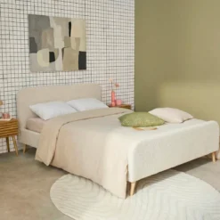 sweeek Letto con rete e testiera imbottita bouclé, 160x200cm