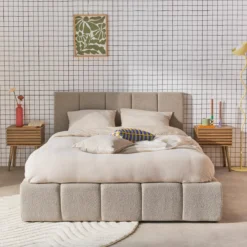 sweeek Letto contenitore con rete a doghe e testiera 160x200cm, bouclé
