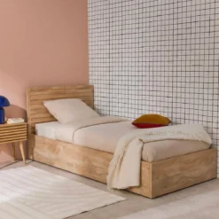 sweeek Letto contenitore con rete a doghe e testiera 90x190cm decorazione legno