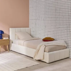 sweeek Letto contenitore con rete a doghe e testiera 90x190cm imbottito bouclé