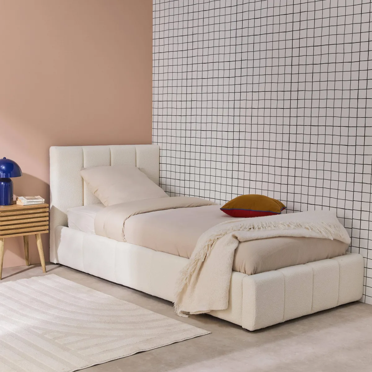 sweeek Letto contenitore con rete a doghe e testiera 90x190cm imbottito bouclé