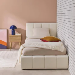 sweeek Letto contenitore con rete a doghe e testiera 90x190cm imbottito bouclé