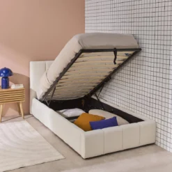 sweeek Letto contenitore con rete a doghe e testiera 90x190cm imbottito bouclé