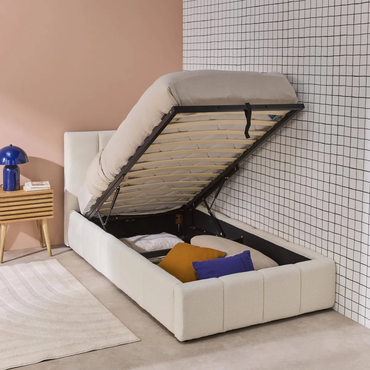 sweeek Letto contenitore con rete a doghe e testiera 90x190cm imbottito bouclé