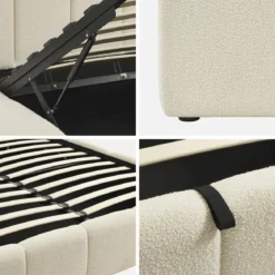 Letto contenitore con rete a doghe e testiera 160x200cm, bouclé