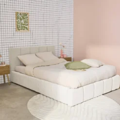 Letto contenitore con rete a doghe e testiera 160x200cm, bouclé