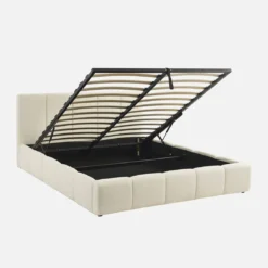 Letto contenitore con rete a doghe e testiera 160x200cm, bouclé