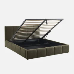 Letto contenitore con rete a doghe e testiera 160x200cm, bouclé