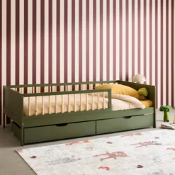 Letto nido per bambini 190cm in pino naturale con rete a doghe e cassetti,