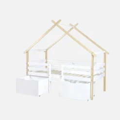 sweeek Letto per bambini 90 x 190 cm in legno di pino con rete a doghe inclusa e 2 cassetti