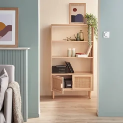 sweeek Libreria con canna ed effetto legno, 3 livelli, 2 ante