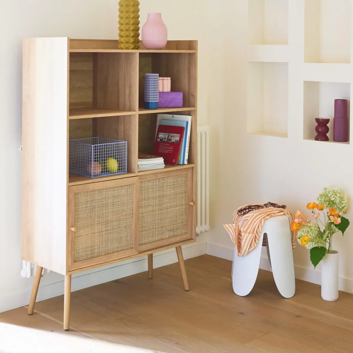 sweeek Libreria effetto legno e canna da zucchero a 5 ripiani