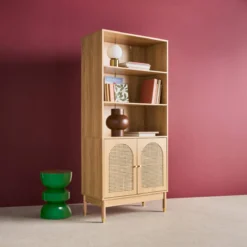sweeek Libreria in legno e cannucciato con 2 ante a 4 livelli