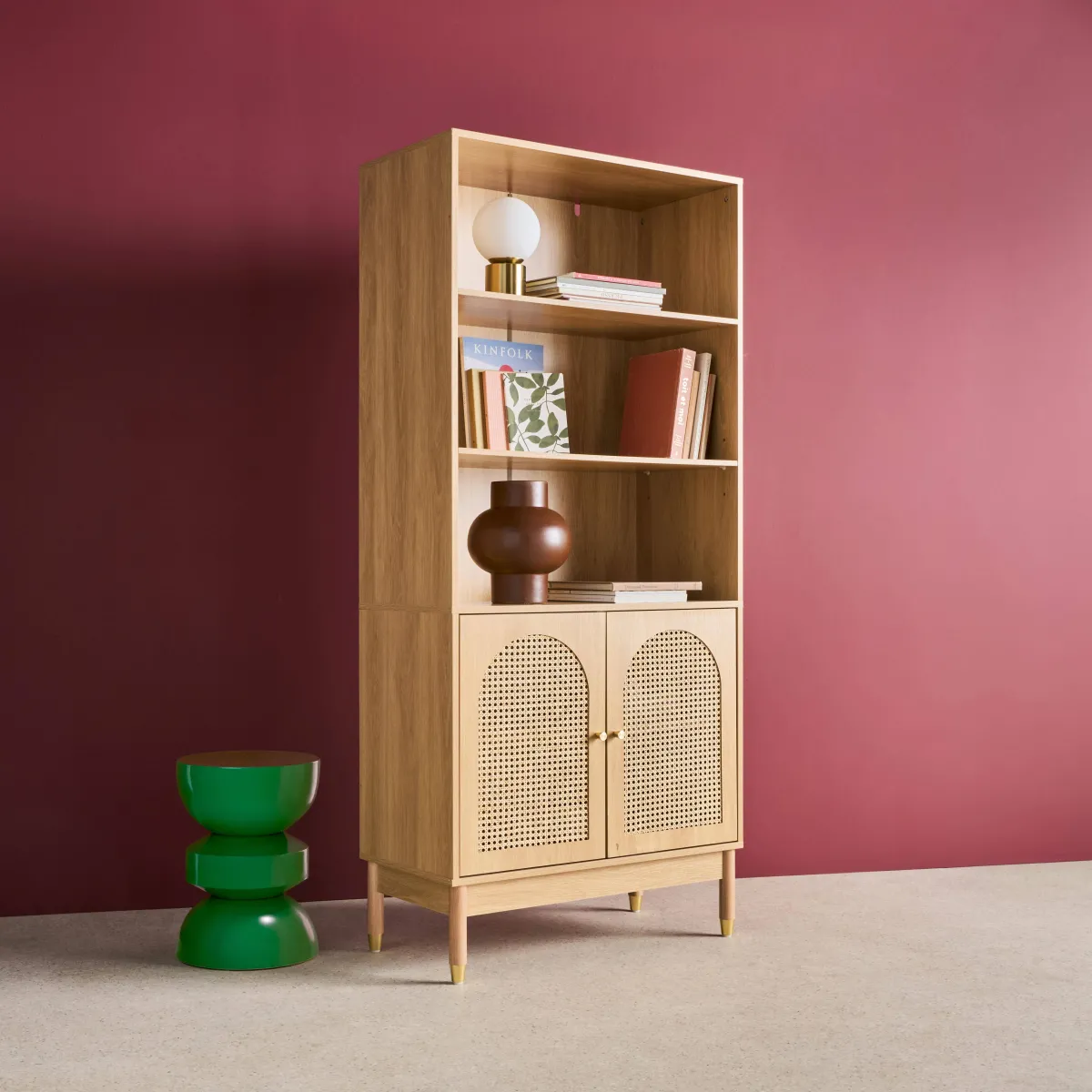 sweeek Libreria in legno e cannucciato con 2 ante a 4 livelli