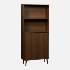 sweeek Libreria in legno scanalato con 2 ante scorrevoli a 4 livelli