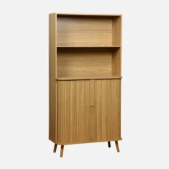 Libreria in legno scanalato con 2 ante scorrevoli a 4 livelli
