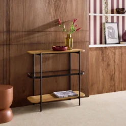 sweeek Libreria in vetro, legno e metallo a 3 livelli
