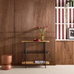 sweeek Libreria in vetro, legno e metallo a 3 livelli