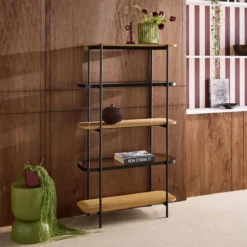 sweeek Libreria in vetro, legno e metallo a 5 livelli