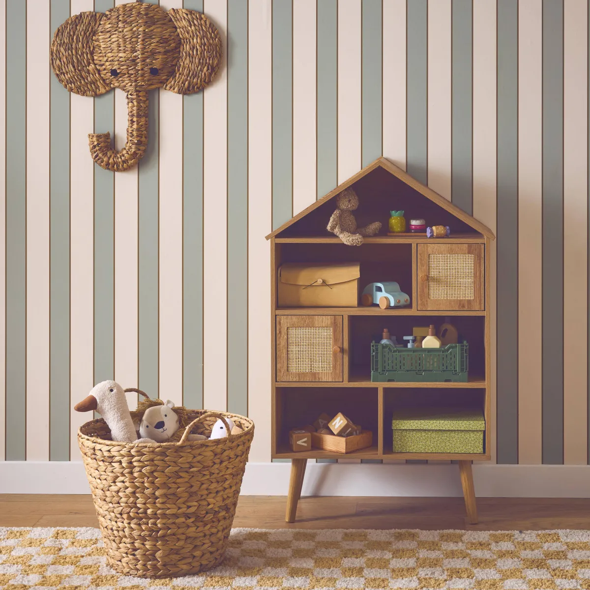 sweeek Libreria per bambini effetto legno e canna, 7 scomparti