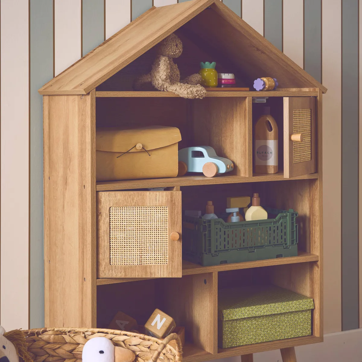 sweeek Libreria per bambini effetto legno e canna, 7 scomparti
