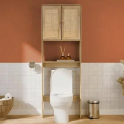 sweeek Mensola mobile WC decorato in legno e canna