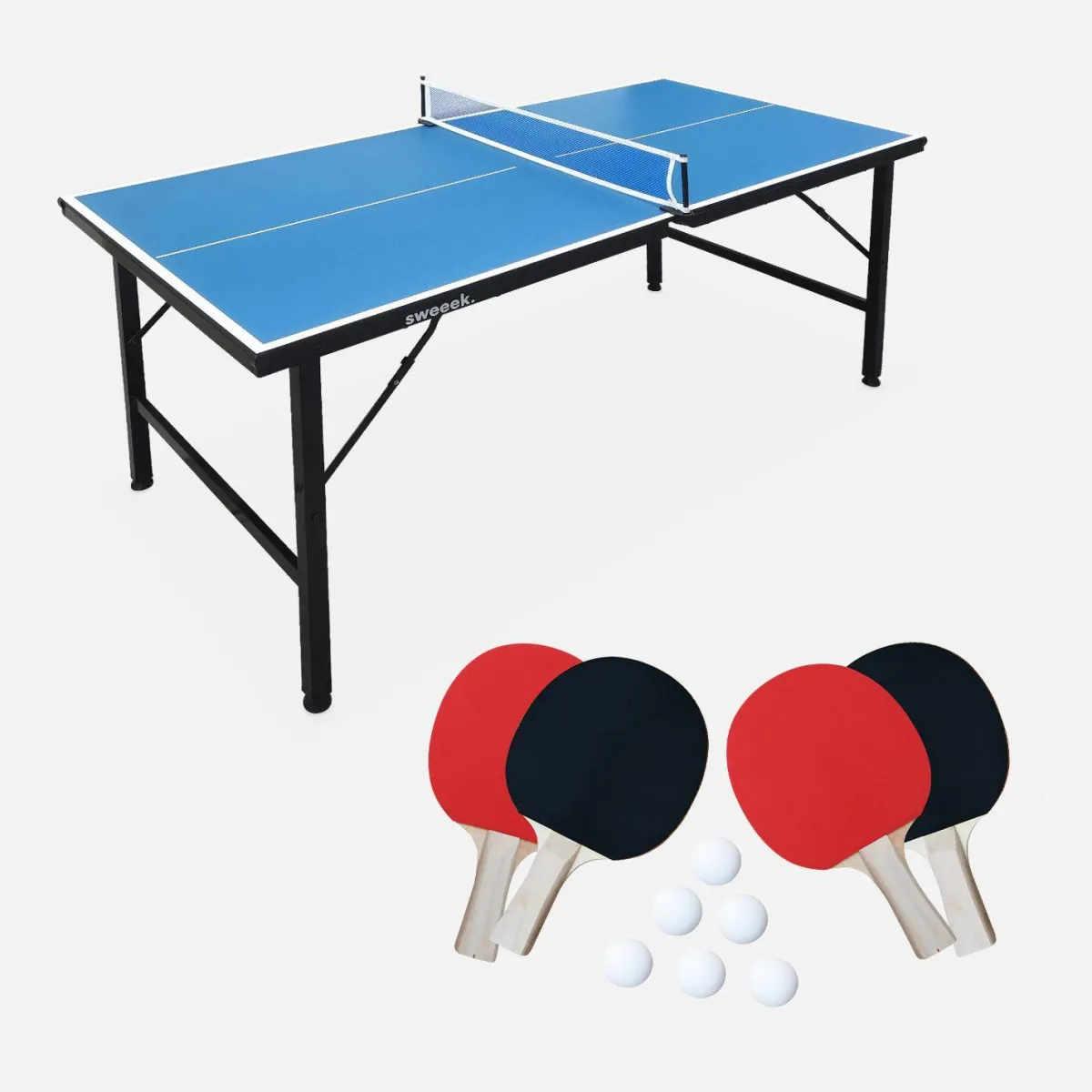 sweeek Mini tavolo da ping pong per interni pieghevole con 4 racchette e 6 palline, 150cm