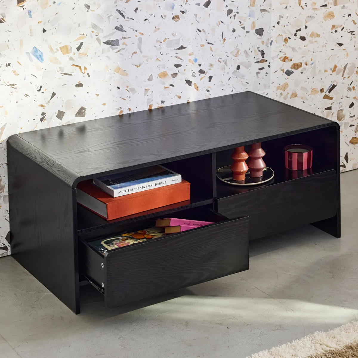sweeek Mobile TV con 2 cassetti e 2 ripiani, effetto legno arrotondato