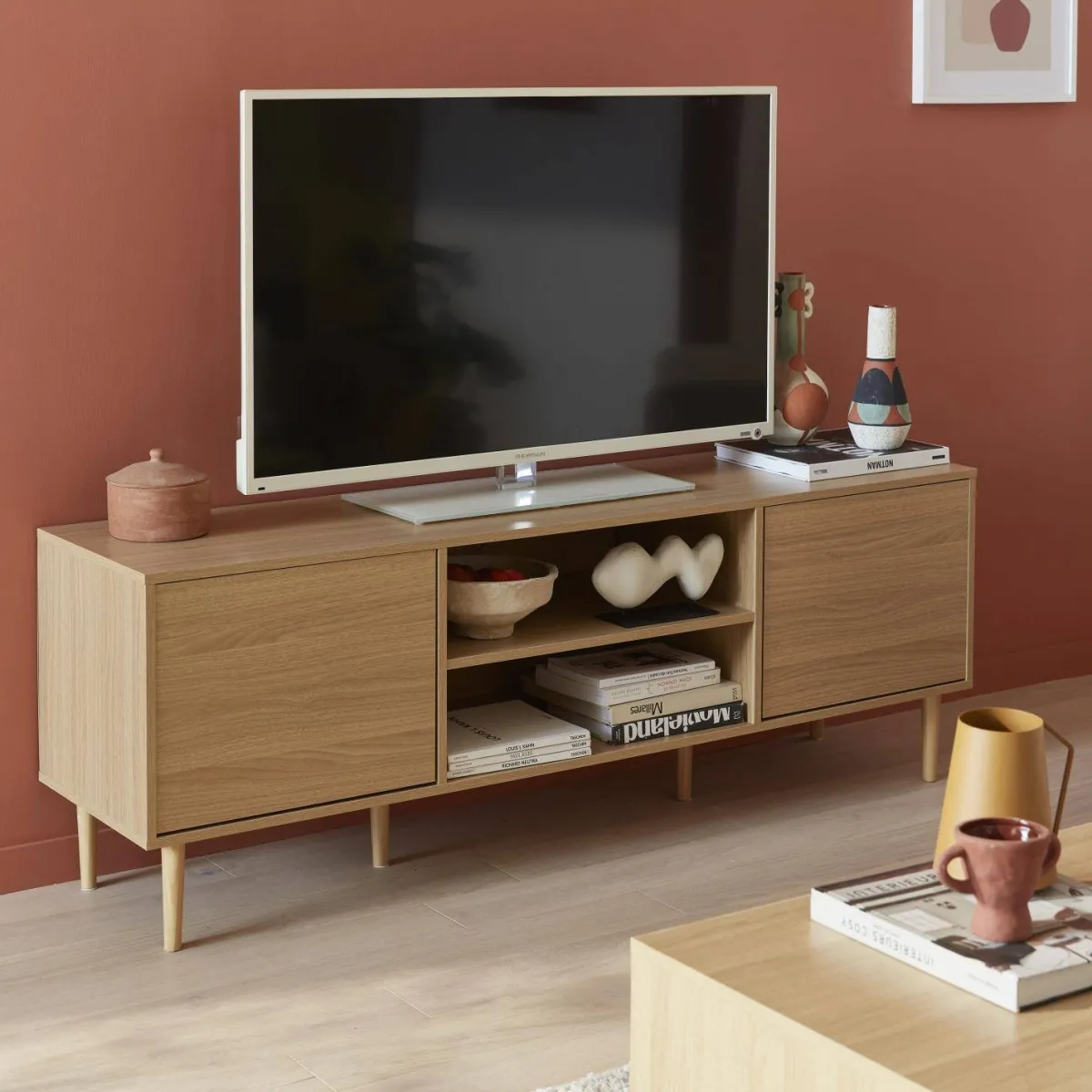 sweeek Mobile TV effetto legno, 3 ripiani e 2 ante, 160cm