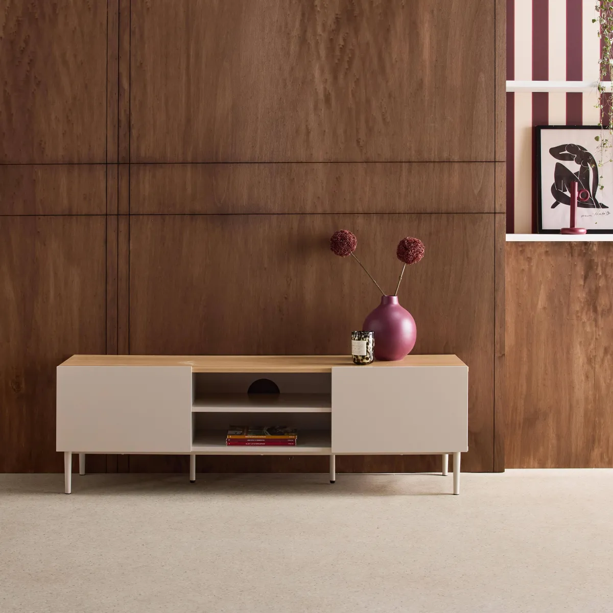 sweeek Mobile TV in metallo e decorazione in legno 2 ante, 140cm